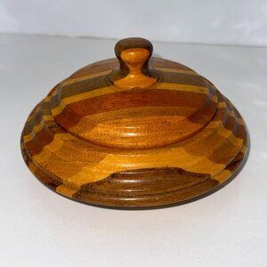 VTG Round Hand Turned Wooden Bowl Trinket Box Lid Multicoloured Jamaica *read*